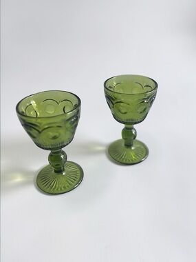 Vintage Green Glass Goblets Set of 2 Mid Century Wine Glasses